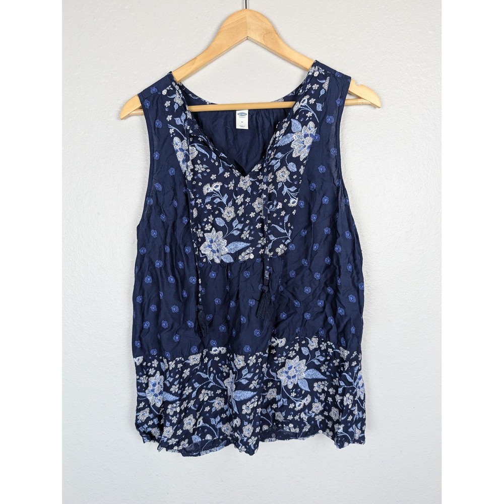 Old Navy Blouse Womens Medium Navy Floral Sleeveless Tassel Tie‎ Boho Peasant